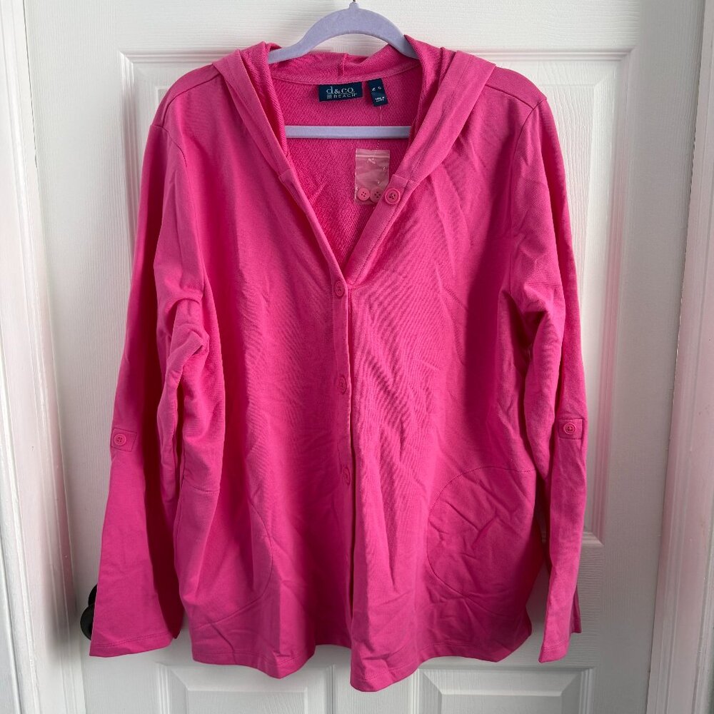 D&CO Beach Pink Hooded Long Sleeve Button Down Cardigan W/Pockets Sz XL